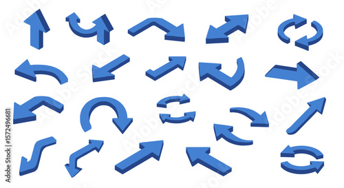 Blue 3d arrows collection with different directions and styles for design projects