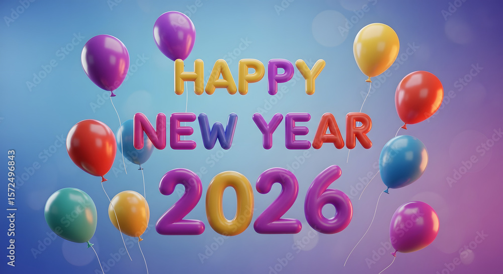 Bold Colorful Balloon Lettering Happy New Year 2026 – Joyful Gradient Celebration Background Bold Colorful Balloon Lettering Happy New Year 2026 – Joyful Gradient Celebration Background
