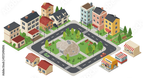 Isometric neighborhood with park and houses in urban setting