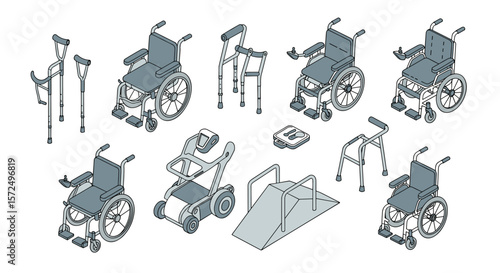 Isometric mobility aids collection: wheelchairs, crutches, and walkers in detailed design