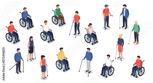 Diverse group of people with mobility aids in isometric design on white background