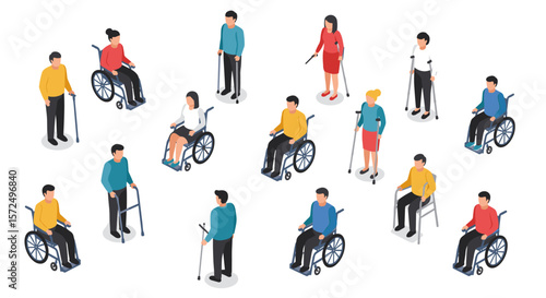 Isometric diverse people with disabilities engaged in daily activities
