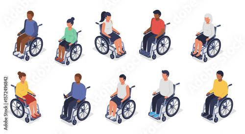 Diverse individuals in wheelchairs depicted in isometric design