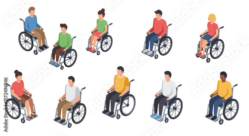 Diverse characters in wheelchairs isometric style for inclusive design concepts