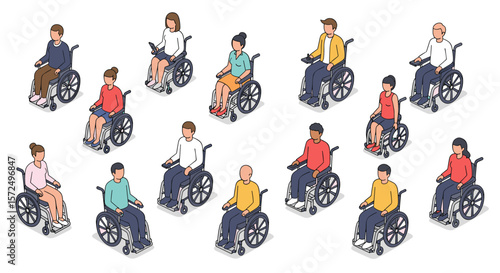 Diverse people using wheelchairs in isometric design | inclusion and mobility concept