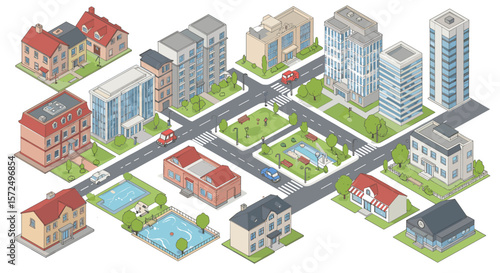 Isometric urban neighborhood with buildings, roads, and parks