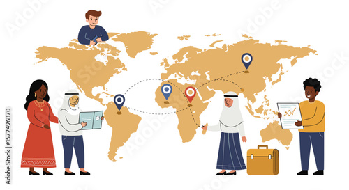 Global collaboration and networking concept with diverse business team and world map