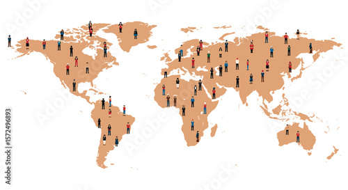 Diverse global community with people on world map in modern isometric style