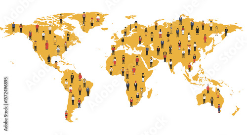 Global population diversity: people in various attire on world map