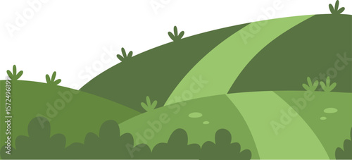 Grass landscape. Green landscape with hill and bushes