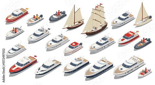 Collection of isometric boats and yachts with diverse characters and design styles