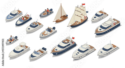 Isometric yacht collection: diverse boats and sailing vessels on white