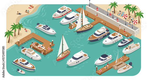 Isometric marina scene with luxury boats and beachfront relaxation