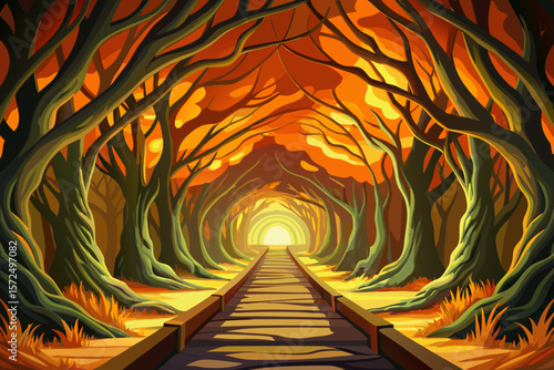 Walkway in beech forest, Leuven Belgium, natural tree tunnel, atmospheric landscape vector, eco-tourism scene, autumn foliage, pure nature, peaceful travel destination, conservation concept