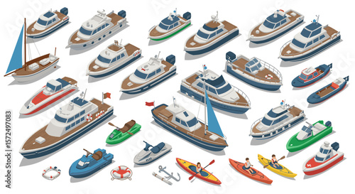Diverse collection of isometric boats and watercraft in various sizes and designs