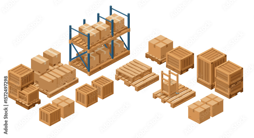 Isometric warehouse packaging: boxes, pallets, and crates in storage Isometric warehouse packaging: boxes, pallets, and crates in storage