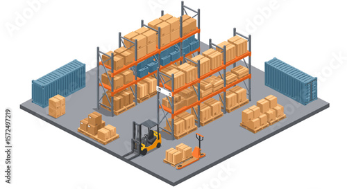 Isometric warehouse storage with forklift and cardboard boxes