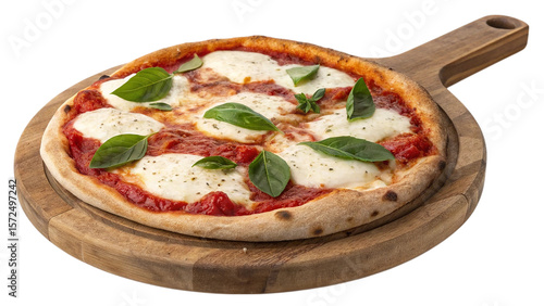 Delicious margherita pizza with fresh basil on a wooden board isolated on transparent background