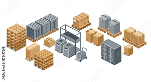 Isometric warehouse elements: pallets, boxes, and containers for logistics
