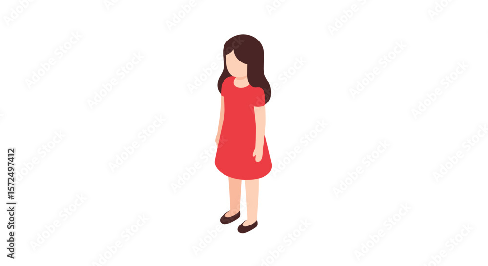 Isometric girl figure in red dress with brown hair Isometric girl figure in red dress with brown hair