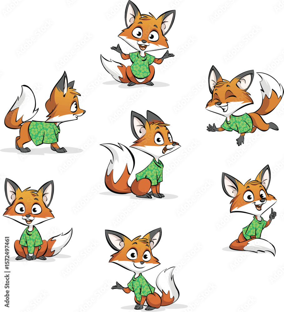 Fototapeta premium Cartoon cute fox set. Cartoon cute fox's posture positions. Cute cartoon fox mascot series.