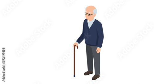 Elderly man with cane isometric style on white background