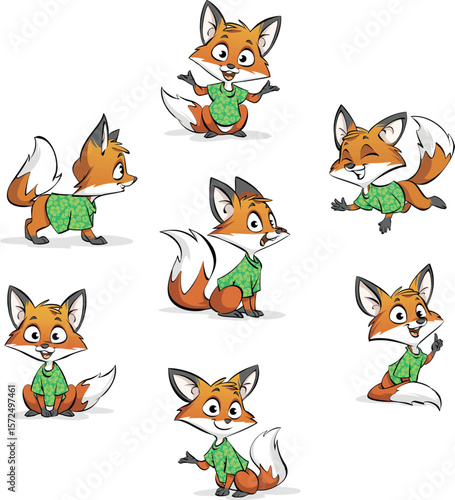 Cartoon cute fox set. Cartoon cute fox's posture positions. Cute cartoon fox mascot series.