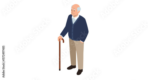 Elderly man with walking cane in isometric style on white background