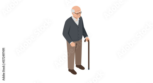 Elderly man with cane in isometric style on white background