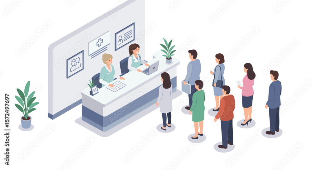 Isometric healthcare reception: diverse patients queue at modern medical office Isometric healthcare reception: diverse patients queue at modern medical office