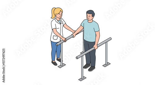 Rehabilitation therapy session with physiotherapist assisting patient in isometric style