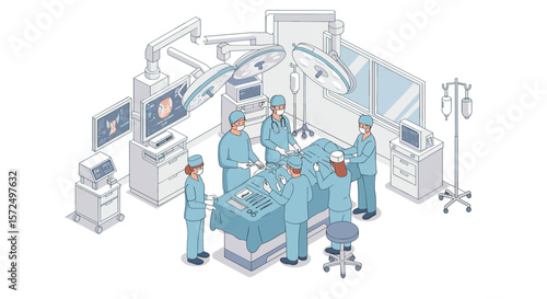 Isometric hospital surgery room with medical team performing procedure