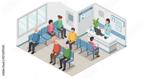 Busy waiting room in a modern clinic isometric design