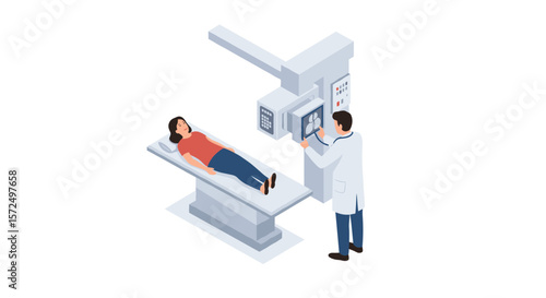 Isometric medical examination: doctor conducting patient scan in modern clinic setting
