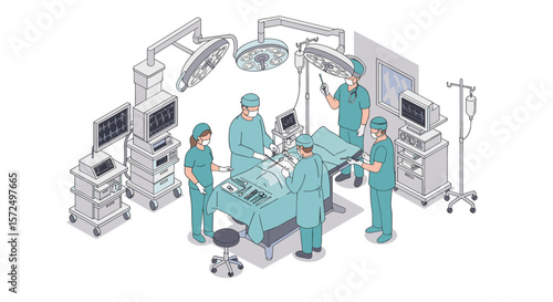 Isometric surgery scene with medical team in operating room