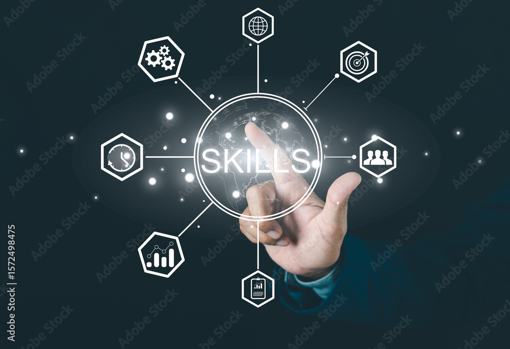 Obraz premium A hand is pointing at a virtual interface with the word 