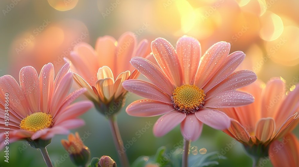Pink Daisies with Dew Drops and Soft Bokeh Background Pink Daisies with Dew Drops and Soft Bokeh Background