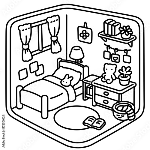 Cute pocket bedroom, easy coloring for kids, vector, illustration, coloring book, coloring page, cozy, cute, bold, comfy