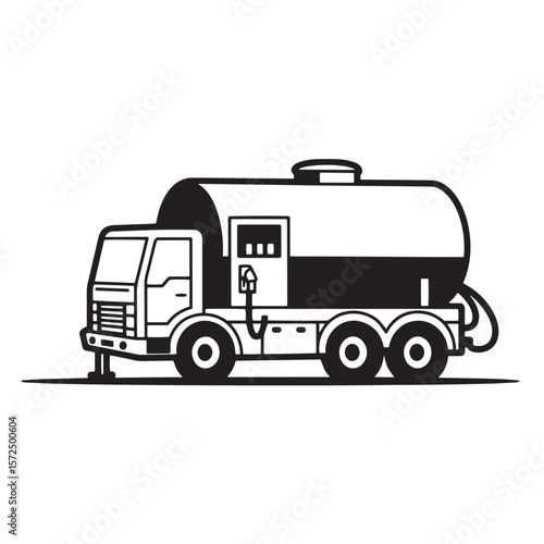 Vector illustration of a black and white fuel tanker truck transporting liquid goods