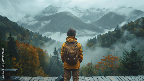 Wallpaper Mural Person standing on deck overlooking foggy mountain range in autumn Torontodigital.ca
