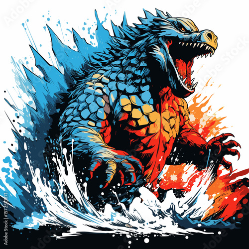 Godzilla mystical prehistoric monster emerged from the sea waves