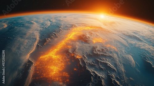 Earth's illuminated coastal region at sunrise