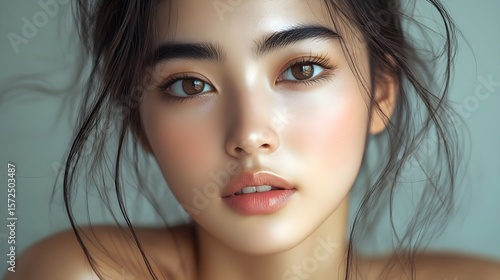 茶色の目と黒髪の美しい若い女性のクローズアップポートレート