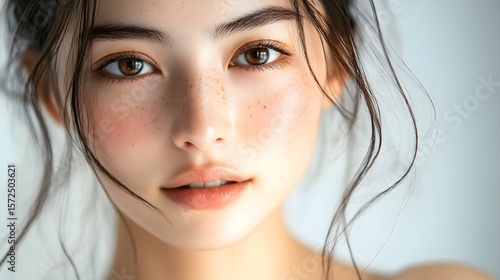 そばかすと茶色の目をした若い女性のクローズアップポートレート。ナチュラルメイクの美しいアジア人女性モデル