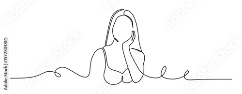 Continuous line art of a woman posing in a bikini. The concept of a stylish career woman. This icon is for an advertisement for an underwear product.