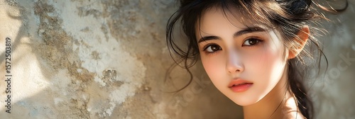 柔らかな日差しの中、テクスチャのある壁を背景にした若いアジア人女性のポートレート
