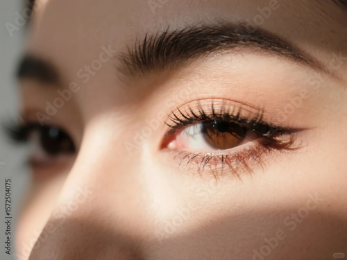  Woman showing eye with long eyelashes and perfect eyebrows makeup and perfect eyebrows makeup,closeup eyes under light and shadow