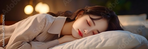 穏やかな若い女性がベッドで安らかに眠る、柔ら​​かな照明の寝室のリラクゼーション