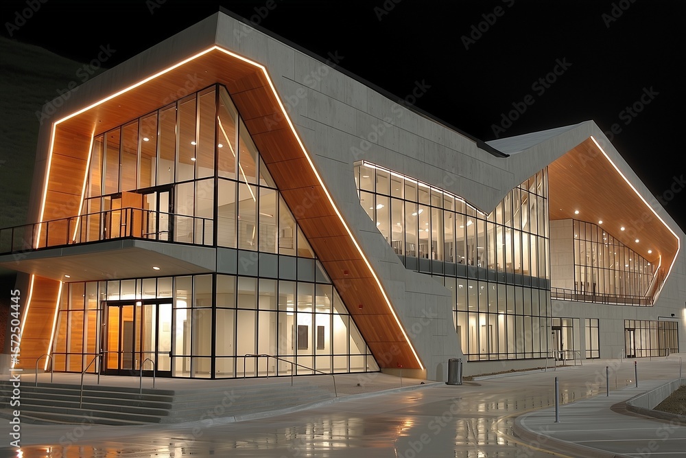 Obraz premium Modern Architectural Building with Illuminated Glass Facade at Night