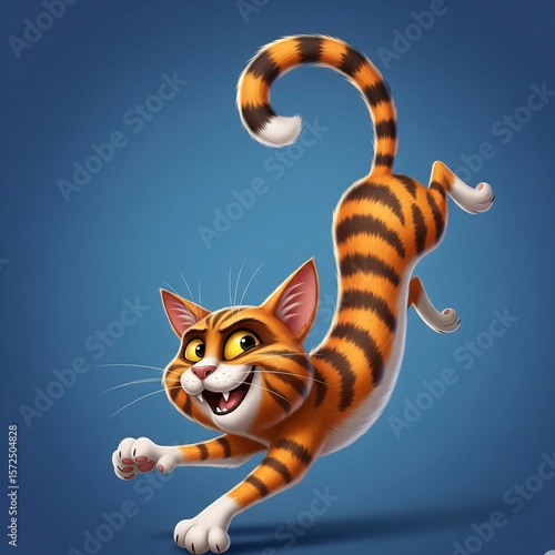 Cartoon illustration of a funny baby tiger cub playing with a ball, like a cat and mouse, isolated on white